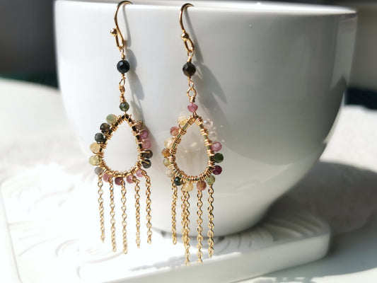 Handmade Natural Gemstone Earring/Real Crystal Earrings/Tourmaline Tassel Earrings