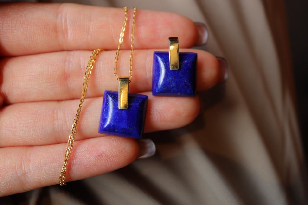 Vintage Sterling Silver Lazuli Stone Necklace/ Earrings