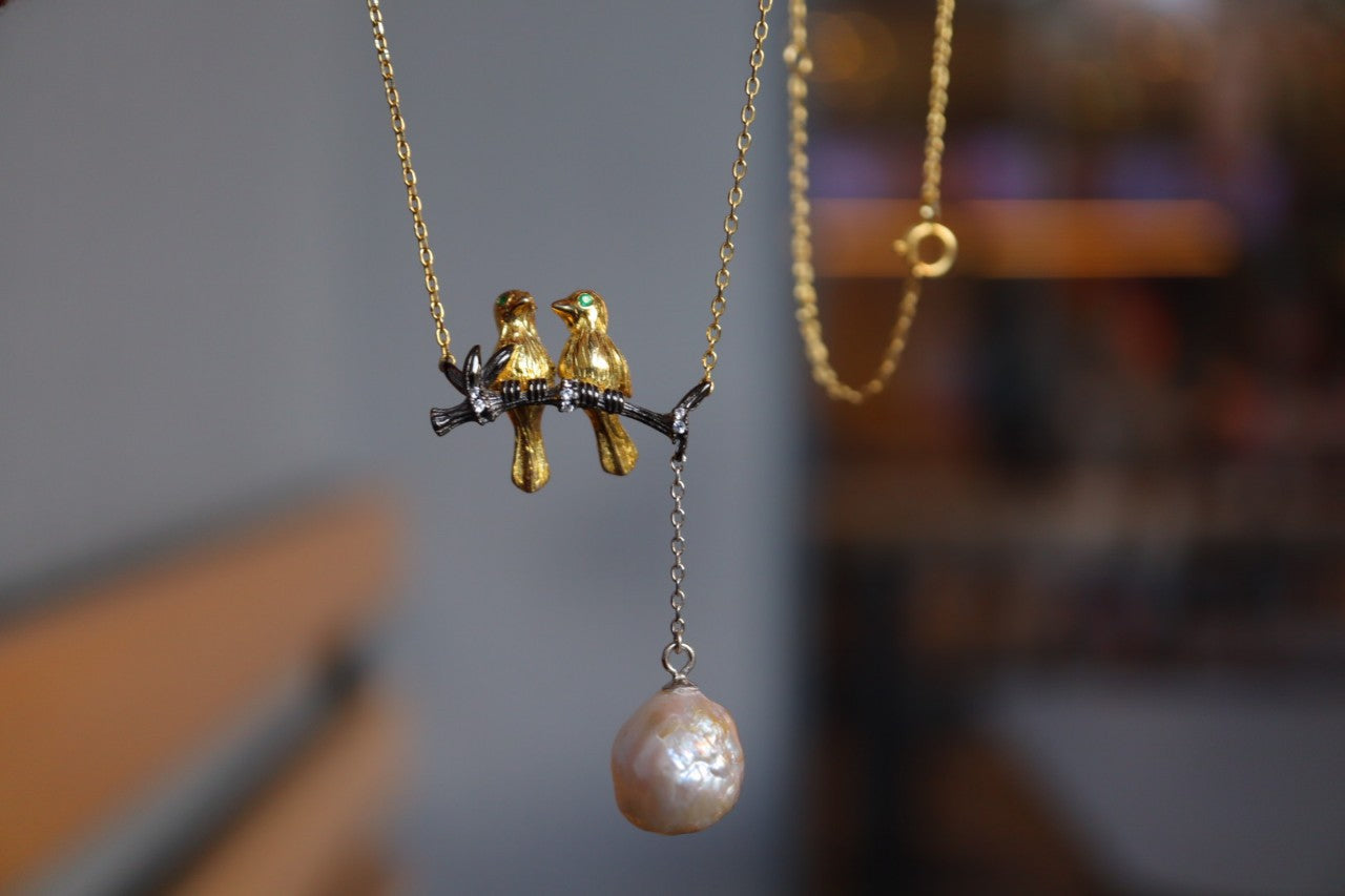 Lovely Birds with natural pearl Necklace Sterling Silver 925