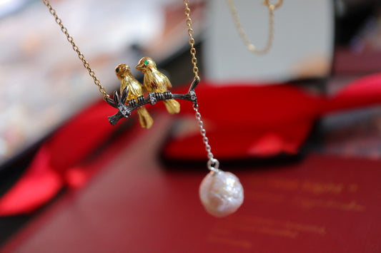 Lovely Birds with natural pearl Necklace Sterling Silver 925