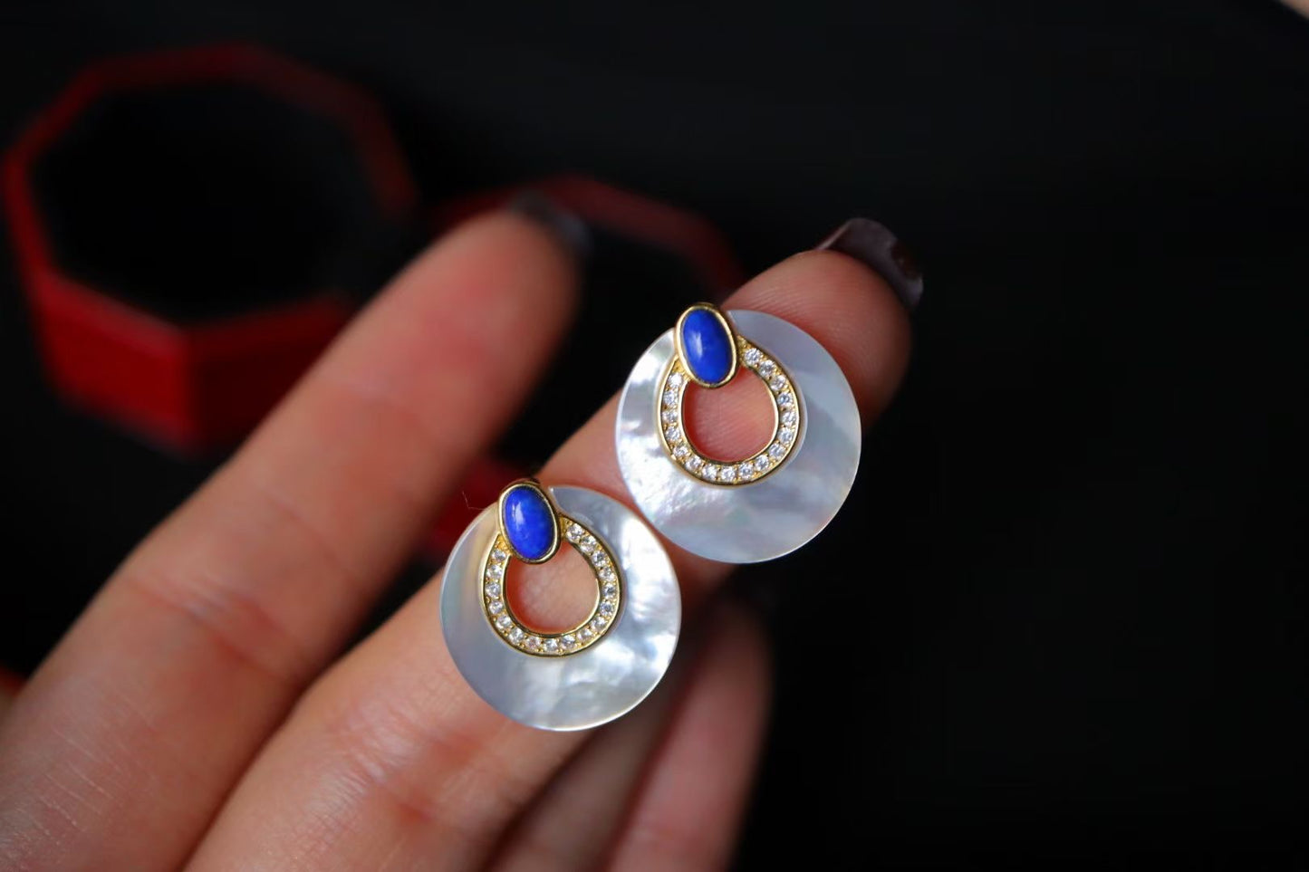 Lapis Lazuli +White Shell Stub Circle Earrings / Sterling Silver /Blue Natural Gemstone Elegant design