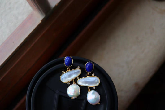 Natural Gemstone Jewerly/Exquisite lapis lazuli + irregular white shell + baroque pearl earrings