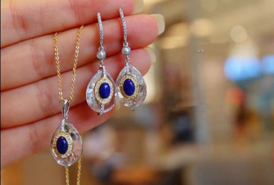 Natural Gemstone Earring/Lapis Lazuli +White Crystal Drop Earrings / Sterling Silver /