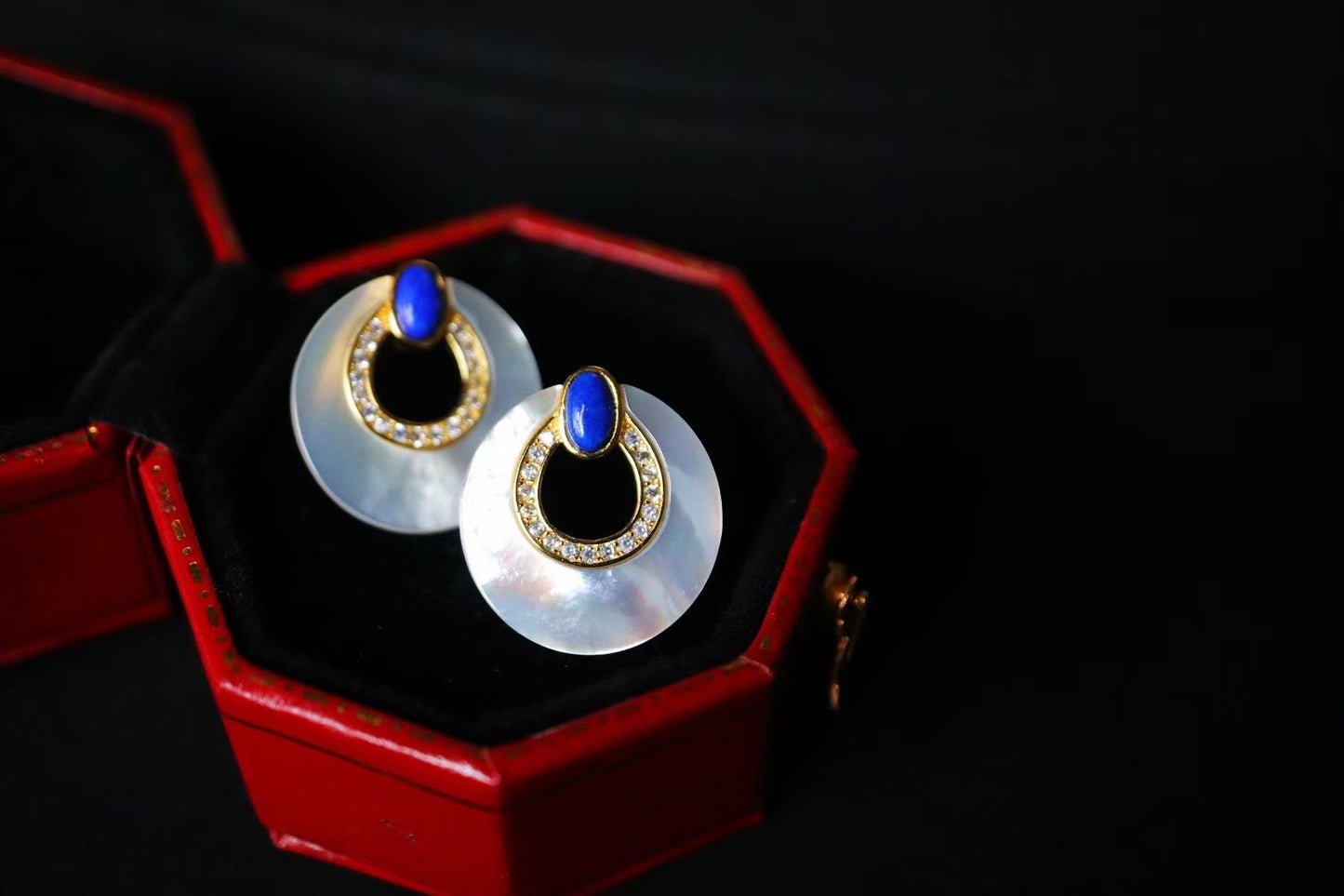 Lapis Lazuli +White Shell Stub Circle Earrings / Sterling Silver /Blue Natural Gemstone Elegant design