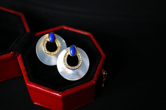 Lapis Lazuli +White Shell Stub Circle Earrings / Sterling Silver /Blue Natural Gemstone Elegant design