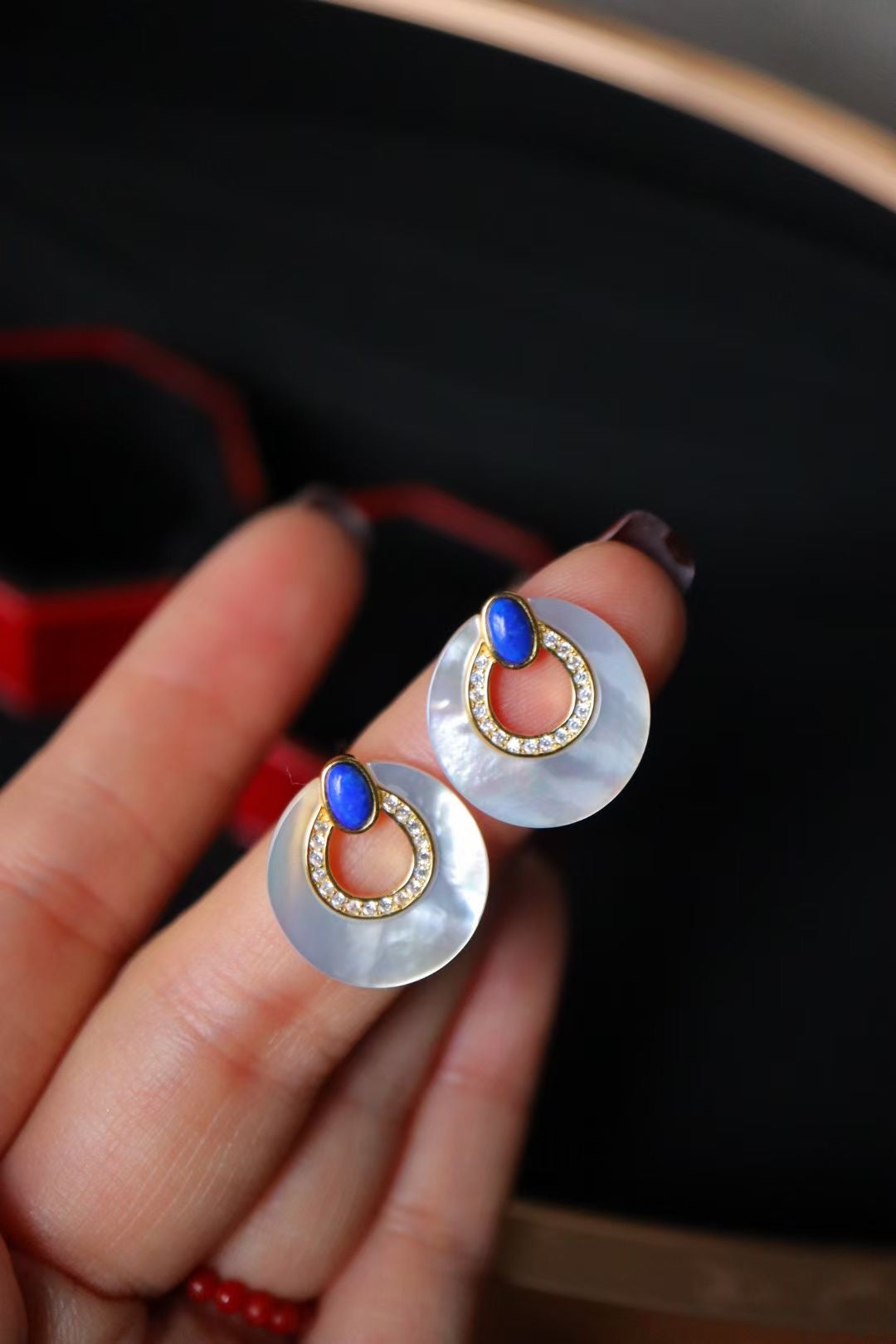 Lapis Lazuli +White Shell Stub Circle Earrings / Sterling Silver /Blue Natural Gemstone Elegant design
