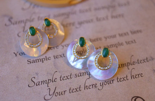 Natural Gemstone Earrings/Emeralds +White Shell Stub Earrings / Sterling Silver /Green Natural Gemstone Elegant design