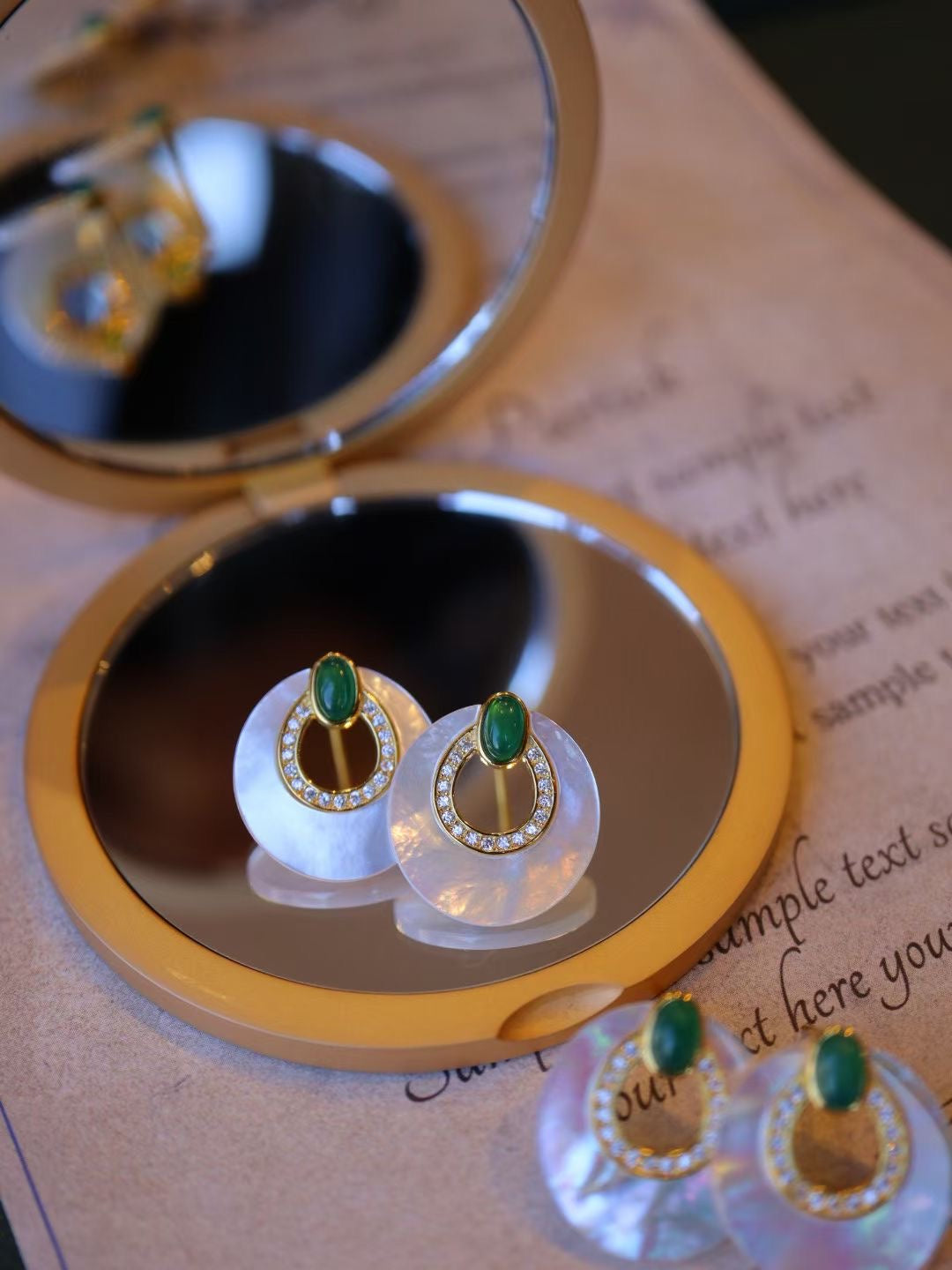 Natural Gemstone Earrings/Emeralds +White Shell Stub Earrings / Sterling Silver /Green Natural Gemstone Elegant design