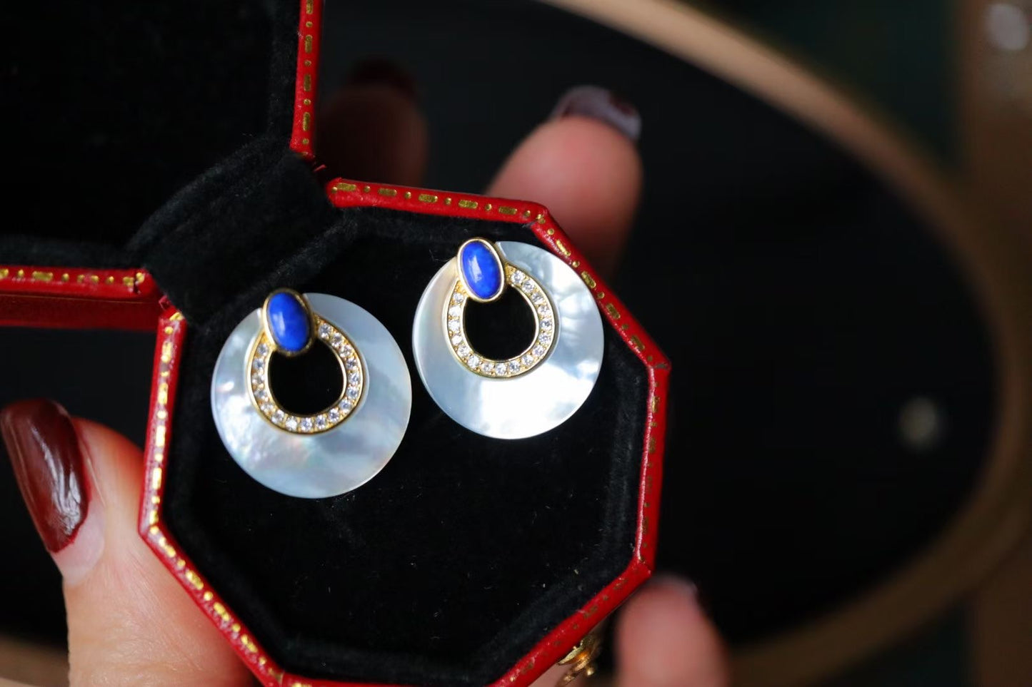 Lapis Lazuli +White Shell Stub Circle Earrings / Sterling Silver /Blue Natural Gemstone Elegant design