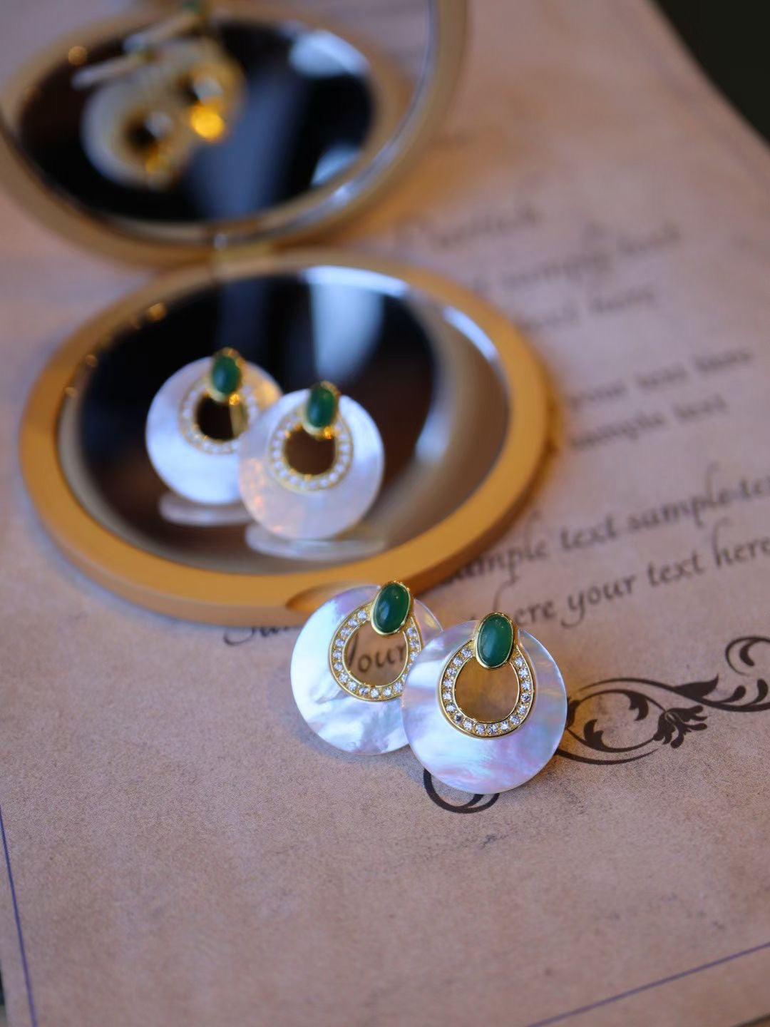 Natural Gemstone Earrings/Emeralds +White Shell Stub Earrings / Sterling Silver /Green Natural Gemstone Elegant design
