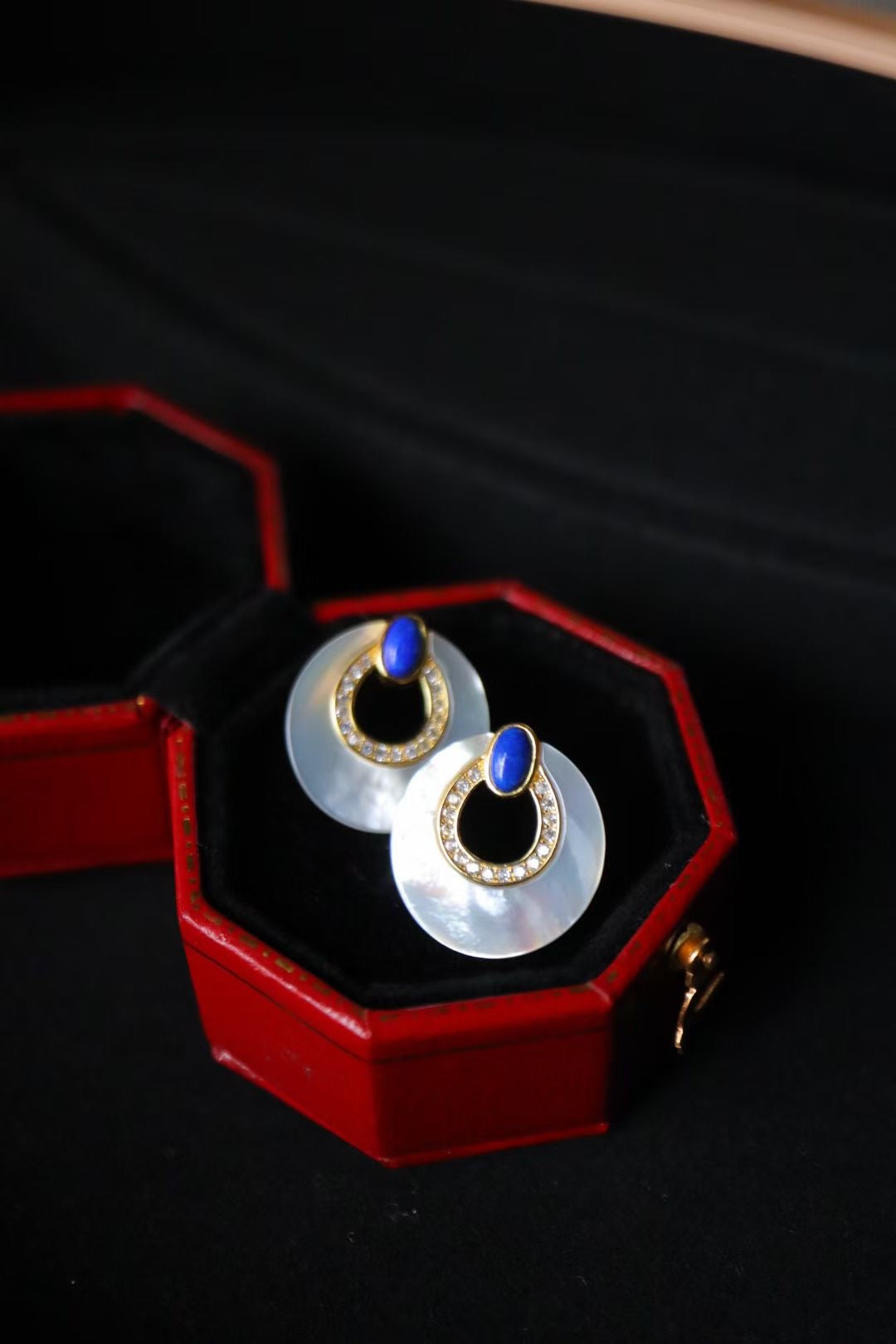 Lapis Lazuli +White Shell Stub Circle Earrings / Sterling Silver /Blue Natural Gemstone Elegant design