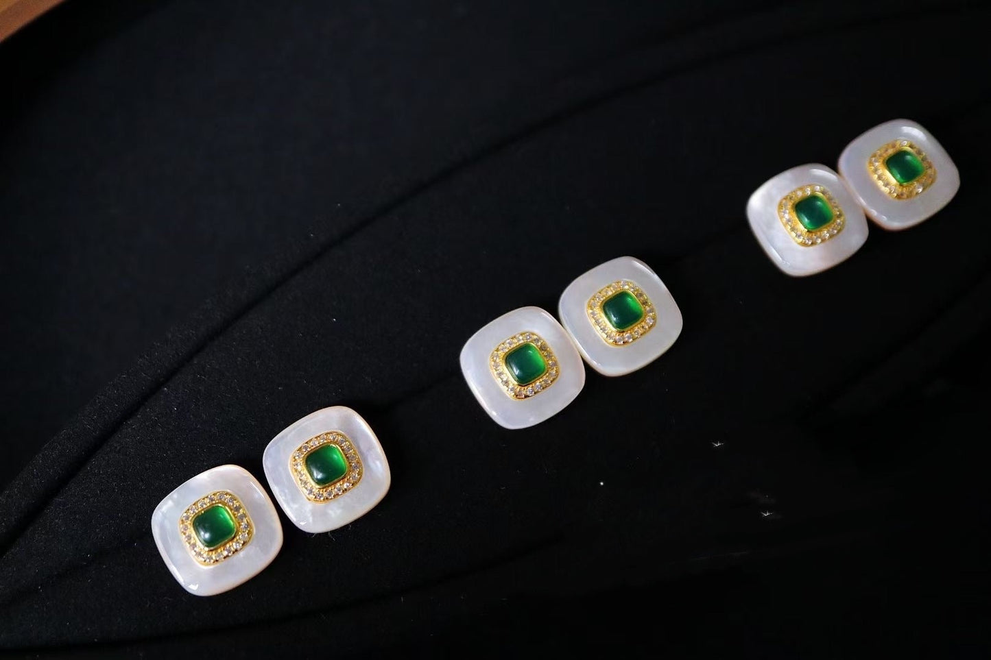 Natural Gemstone Earrings/Emeralds +White Shell Stub Earrings / Sterling Silver /Green Natural Gemstone Elegant design