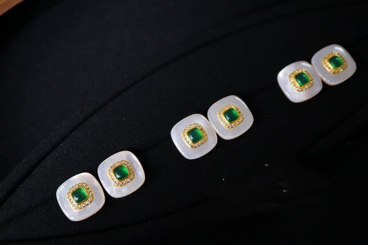 Natural Gemstone Earrings/Emeralds +White Shell Stub Earrings / Sterling Silver /Green Natural Gemstone Elegant design