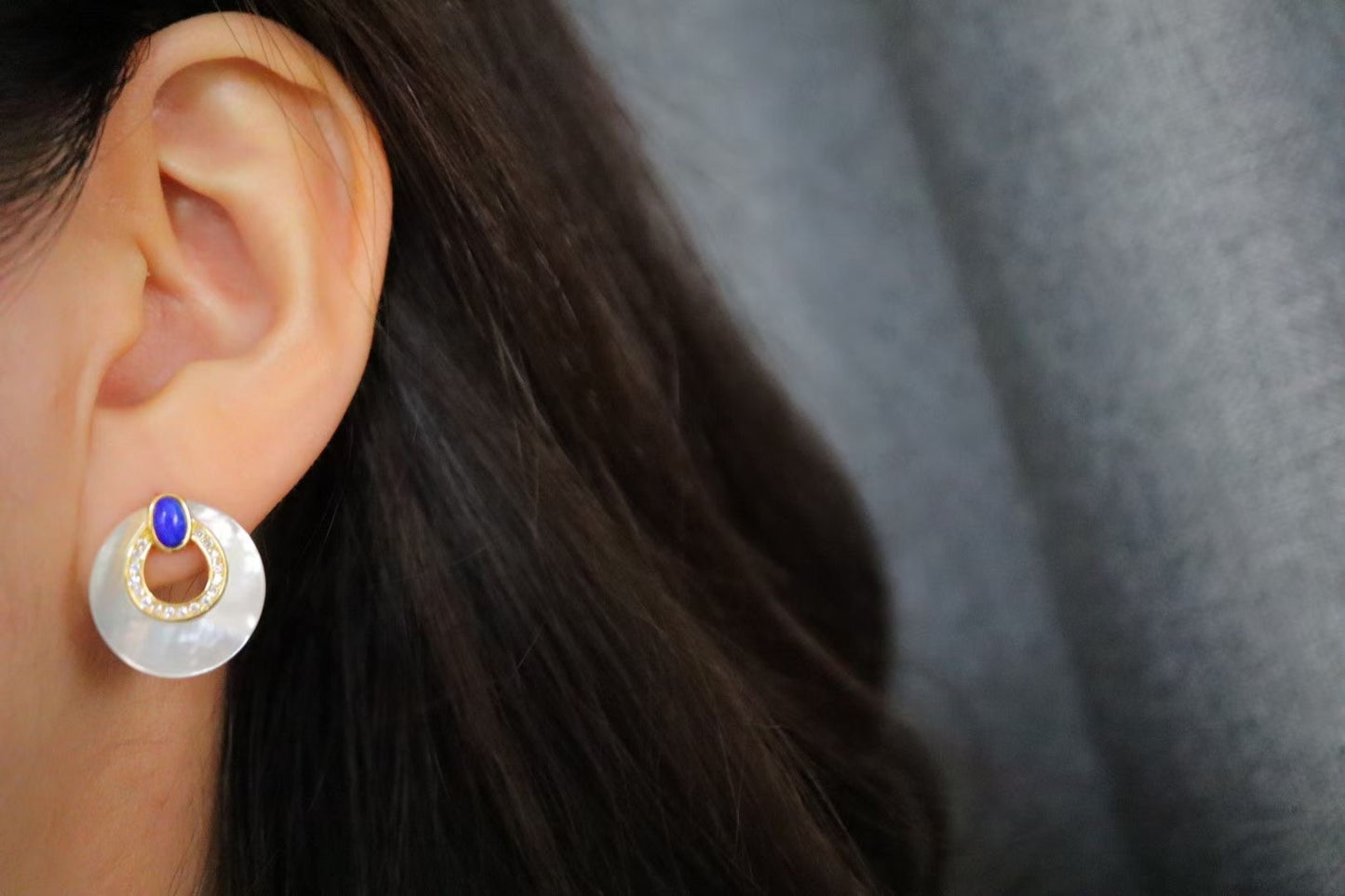 Lapis Lazuli +White Shell Stub Circle Earrings / Sterling Silver /Blue Natural Gemstone Elegant design