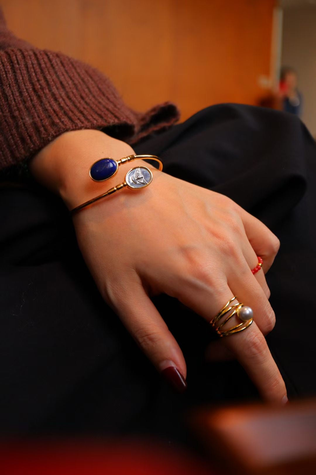 Natural Gemstone Bracelet/Lapis lazuli +Indian Eagle Ancient Coin Bracelet