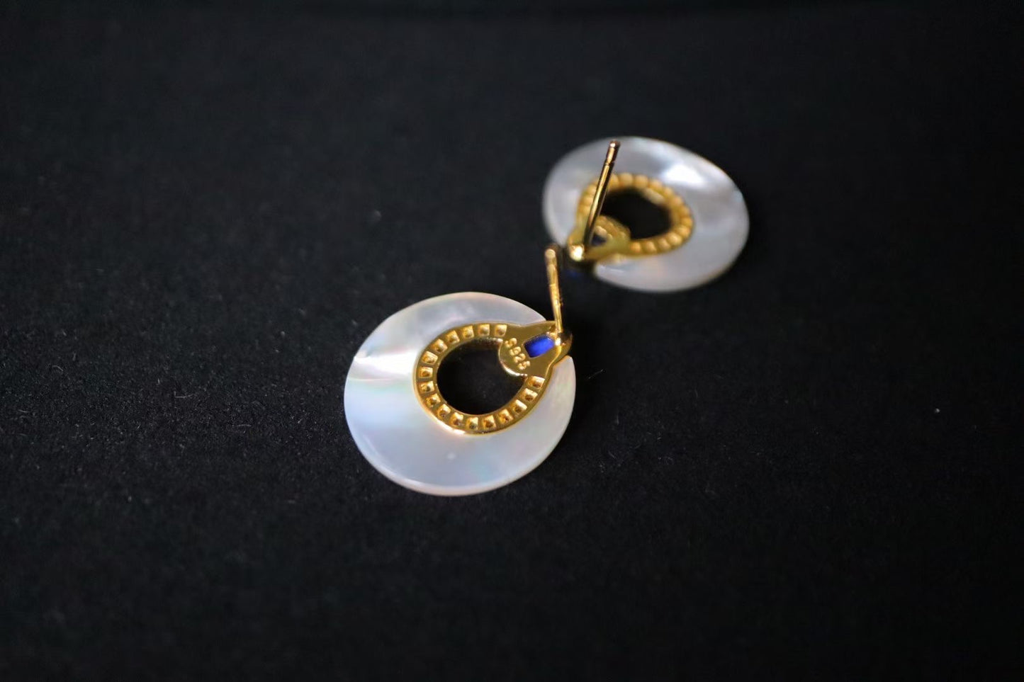 Lapis Lazuli +White Shell Stub Circle Earrings / Sterling Silver /Blue Natural Gemstone Elegant design
