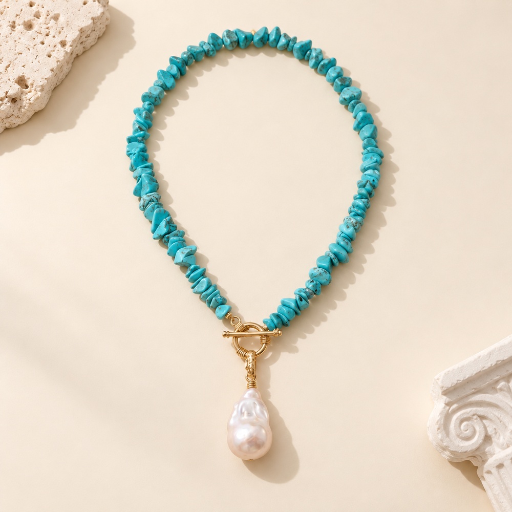 Turquoise Chip Baroque Pearl Toggle Necklace