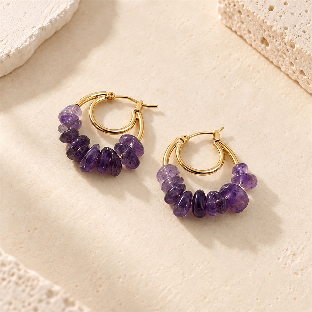 Purple amethyst chip double hoop earrings in a gold-tone finish