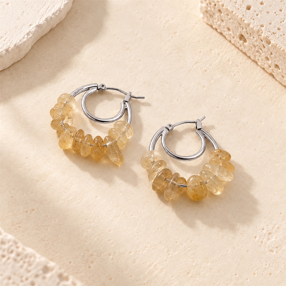Champagne-coloured gemstone chip double hoop earrings in a silver-tone finish