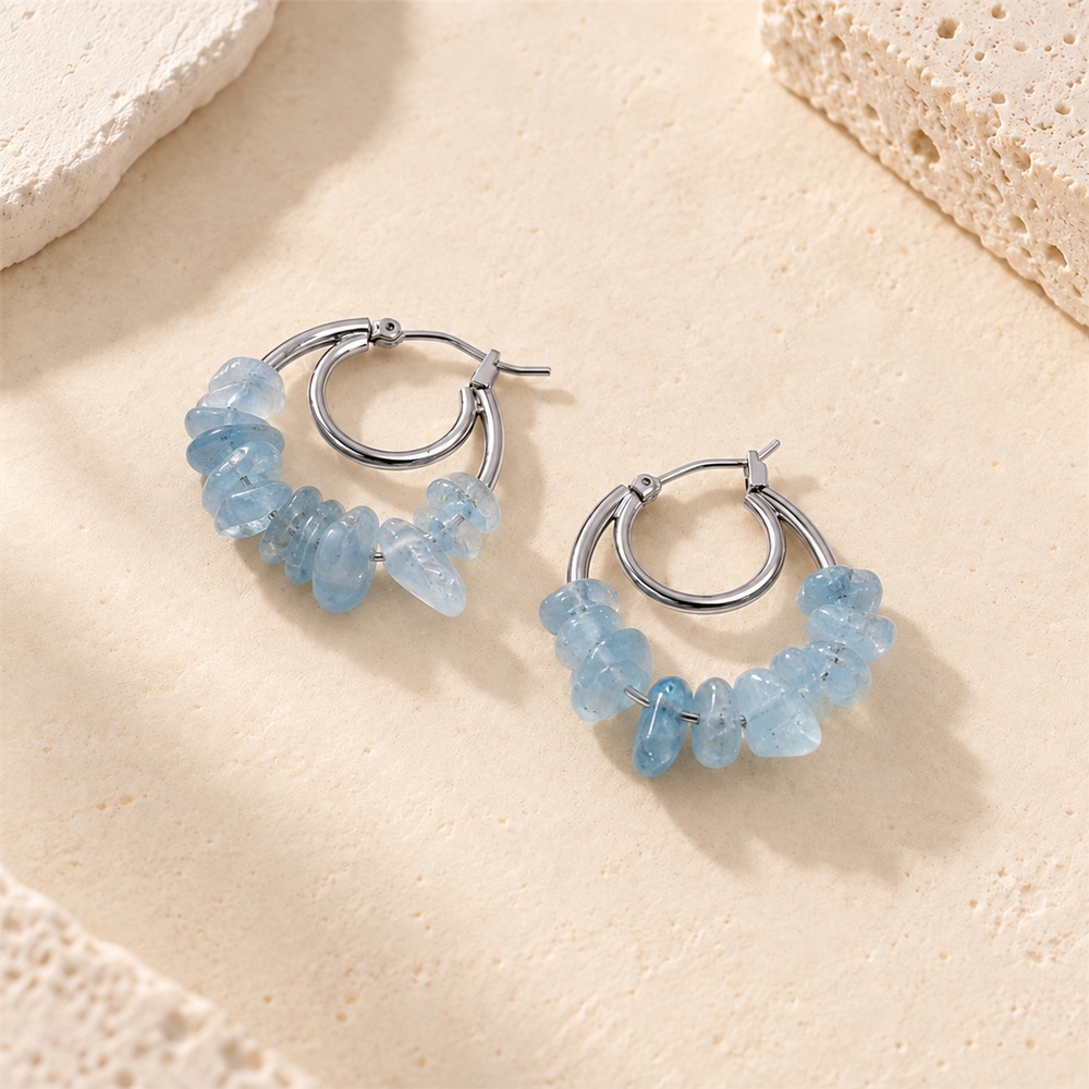 Pale blue gemstone chip double hoop earrings in a silver-tone finish