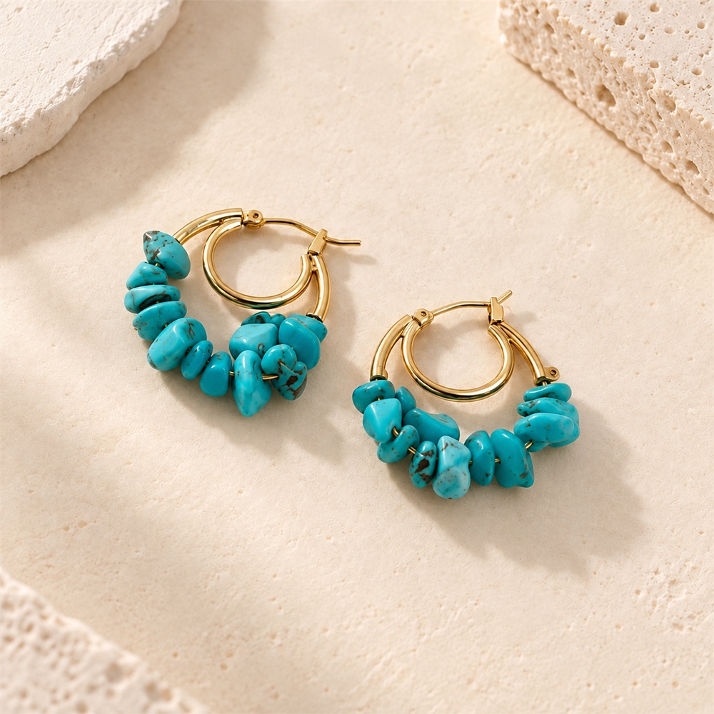 Turquoise chip double hoop earrings in a gold-tone finish