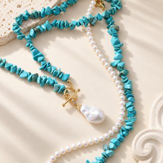 Turquoise Chip Baroque Pearl Toggle Necklace