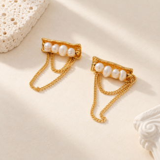 Pearl Bar Draped Chain Tassel Earrings