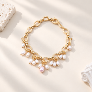 Textured Chain Freshwater Pearl Charm Bracelet