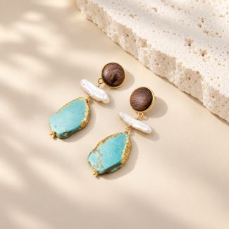 Walnut Turquoise Pearl Long Dangle Earrings