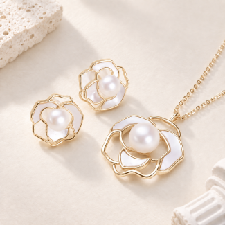Open Petal Pearl Pendant and Stud Set