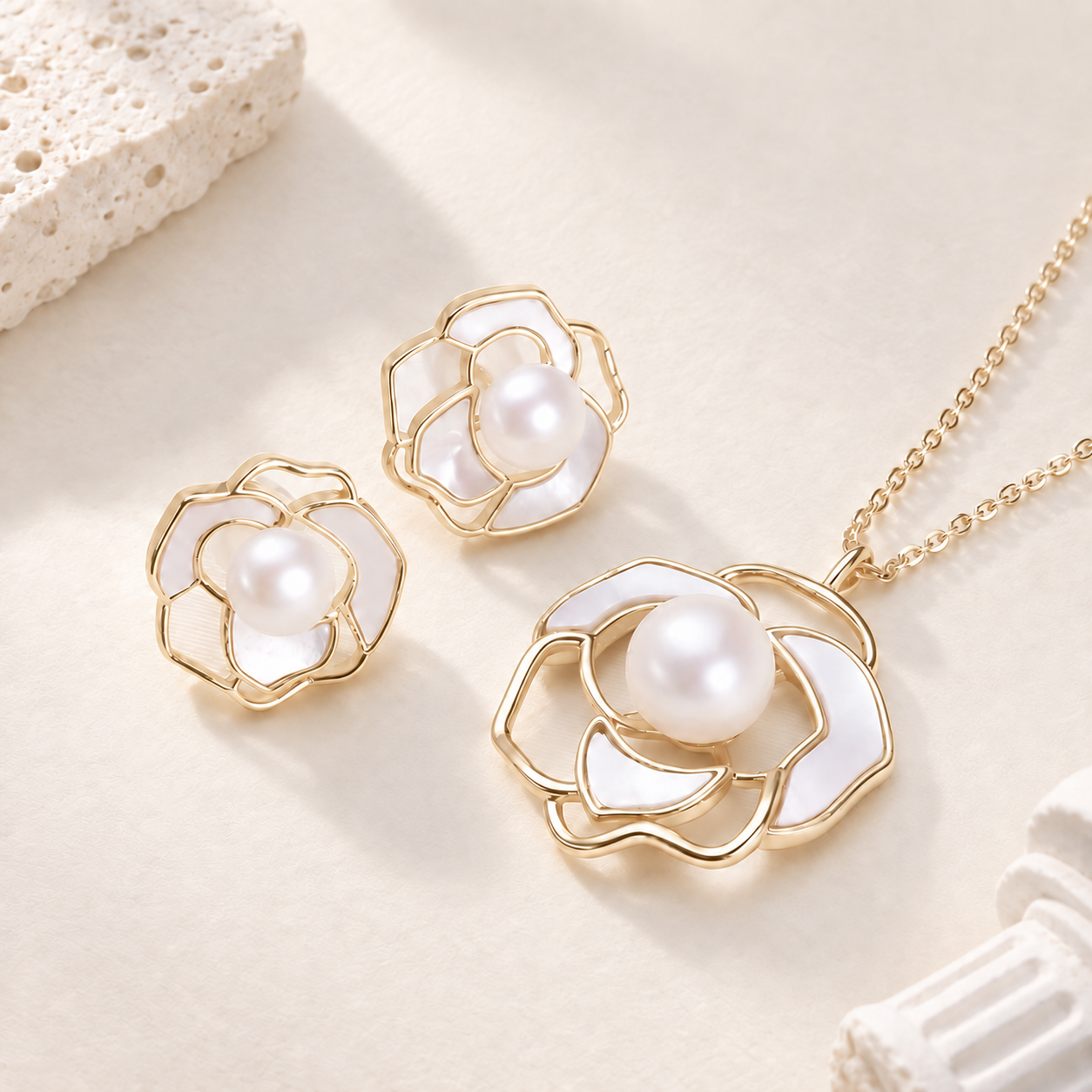 Open Petal Pearl Pendant and Stud Set