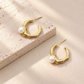 Bamboo Textured Freshwater Pearl Hoop Studs