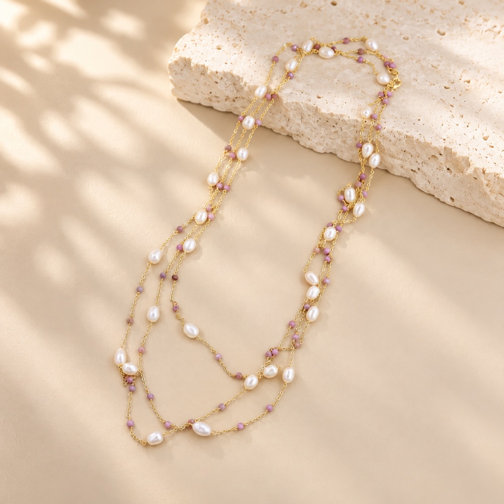 Rhodonite Freshwater Pearl Long Layering Necklace