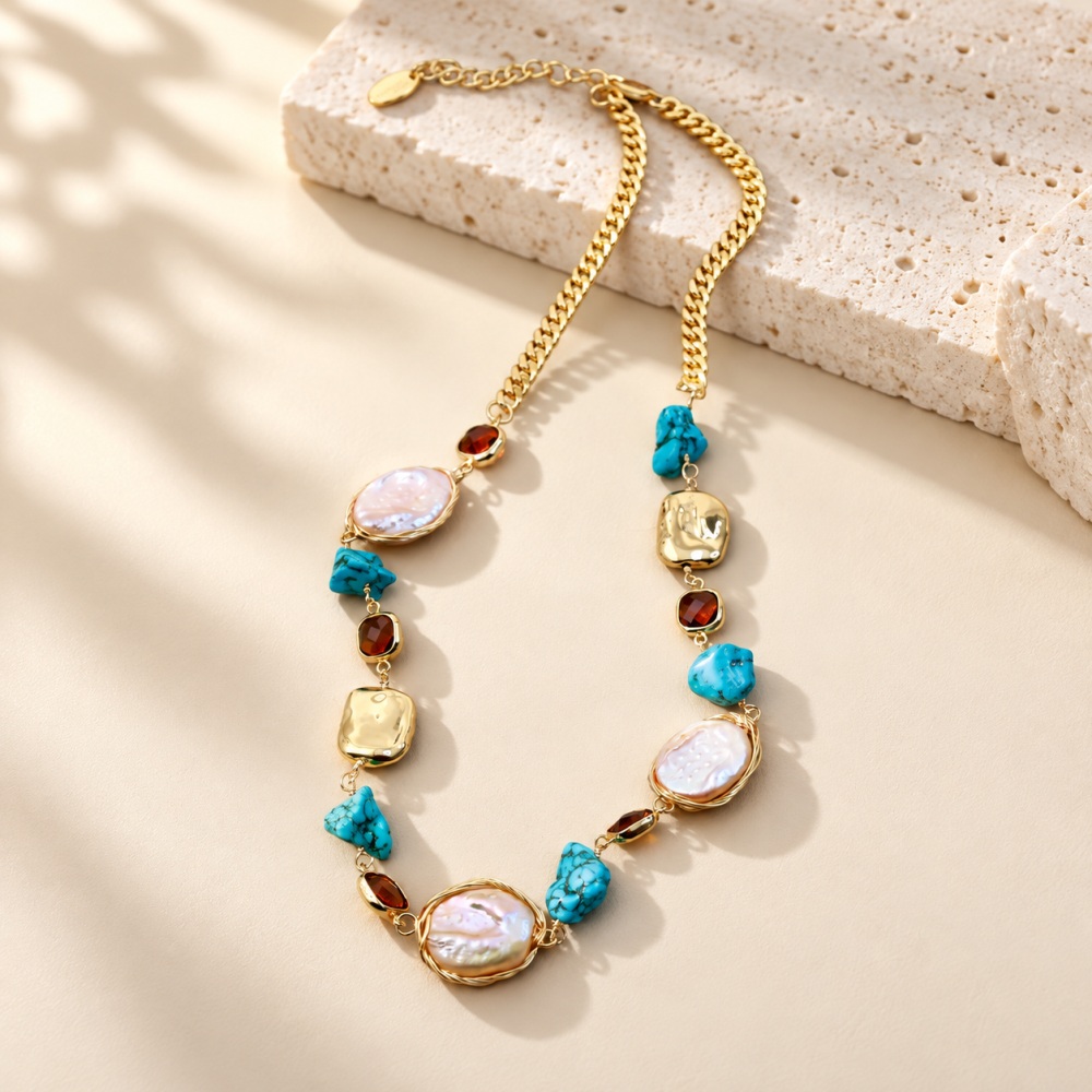 Turquoise Pearl Mixed Station Chain Necklace