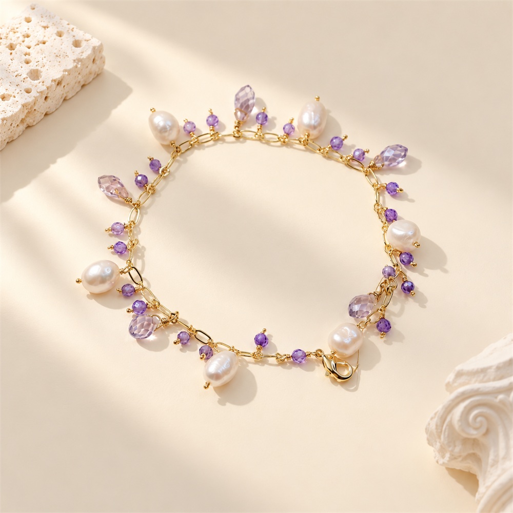 Amethyst Freshwater Pearl Dangle Charm Bracelet