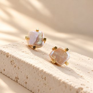 Four-Prong Square Baroque Pearl Stud Earrings