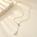 Pave Cubic Zirconia Baroque Pearl Lariat Necklace