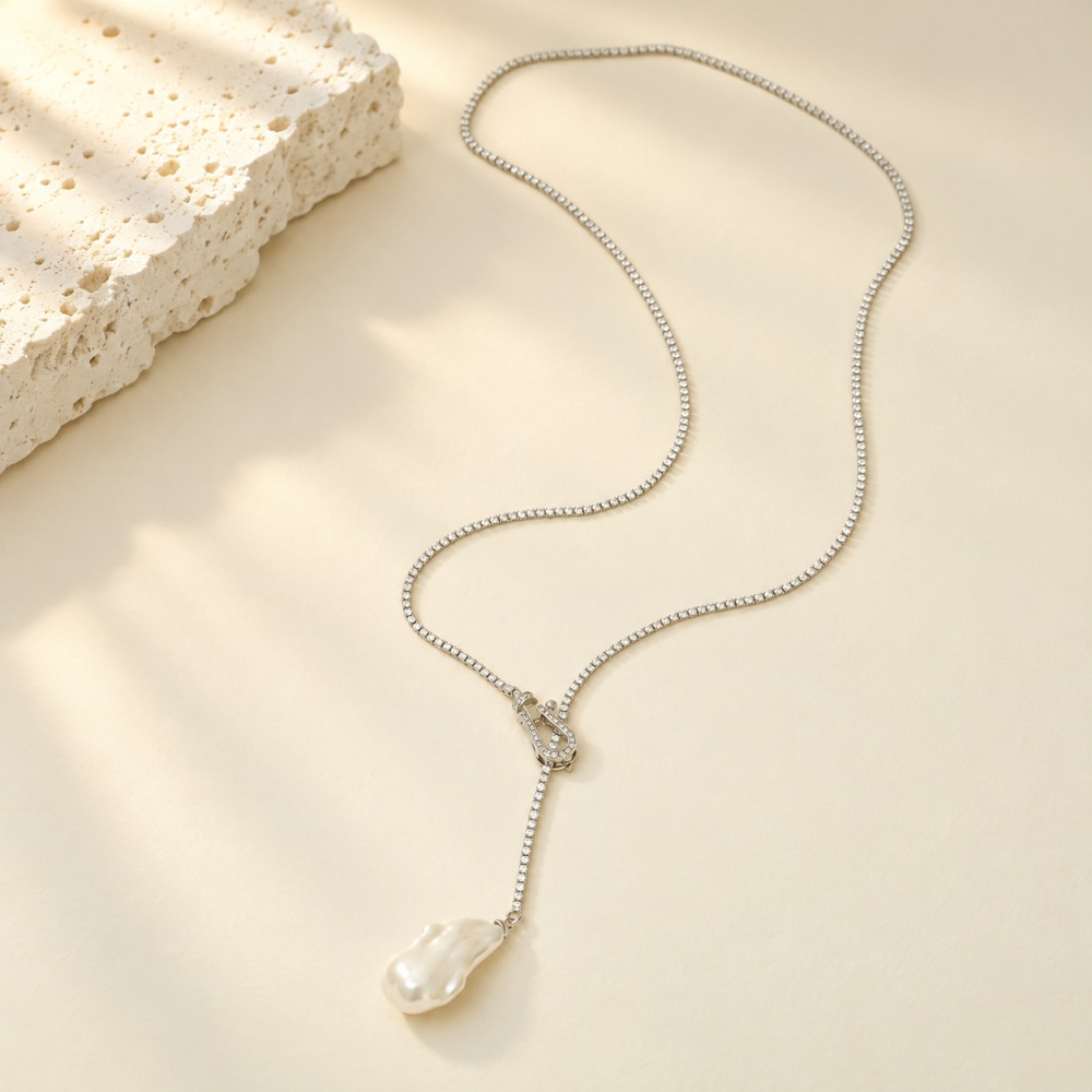 Pave Cubic Zirconia Baroque Pearl Lariat Necklace