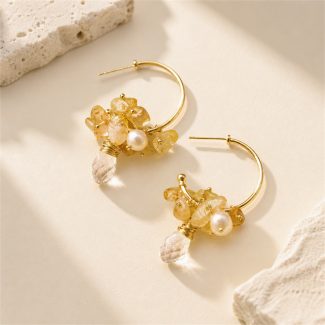 Citrine Freshwater Pearl Cluster Hoop Earrings