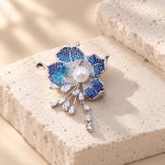 Blue Crystal Pearl Flower Tassel Brooch