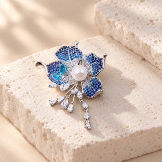 Blue Crystal Pearl Flower Tassel Brooch