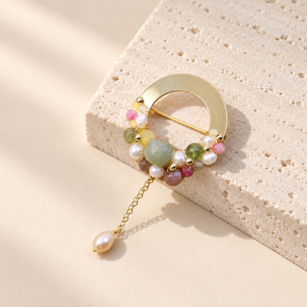 Mixed Gemstone Pearl Wreath Dangle Brooch