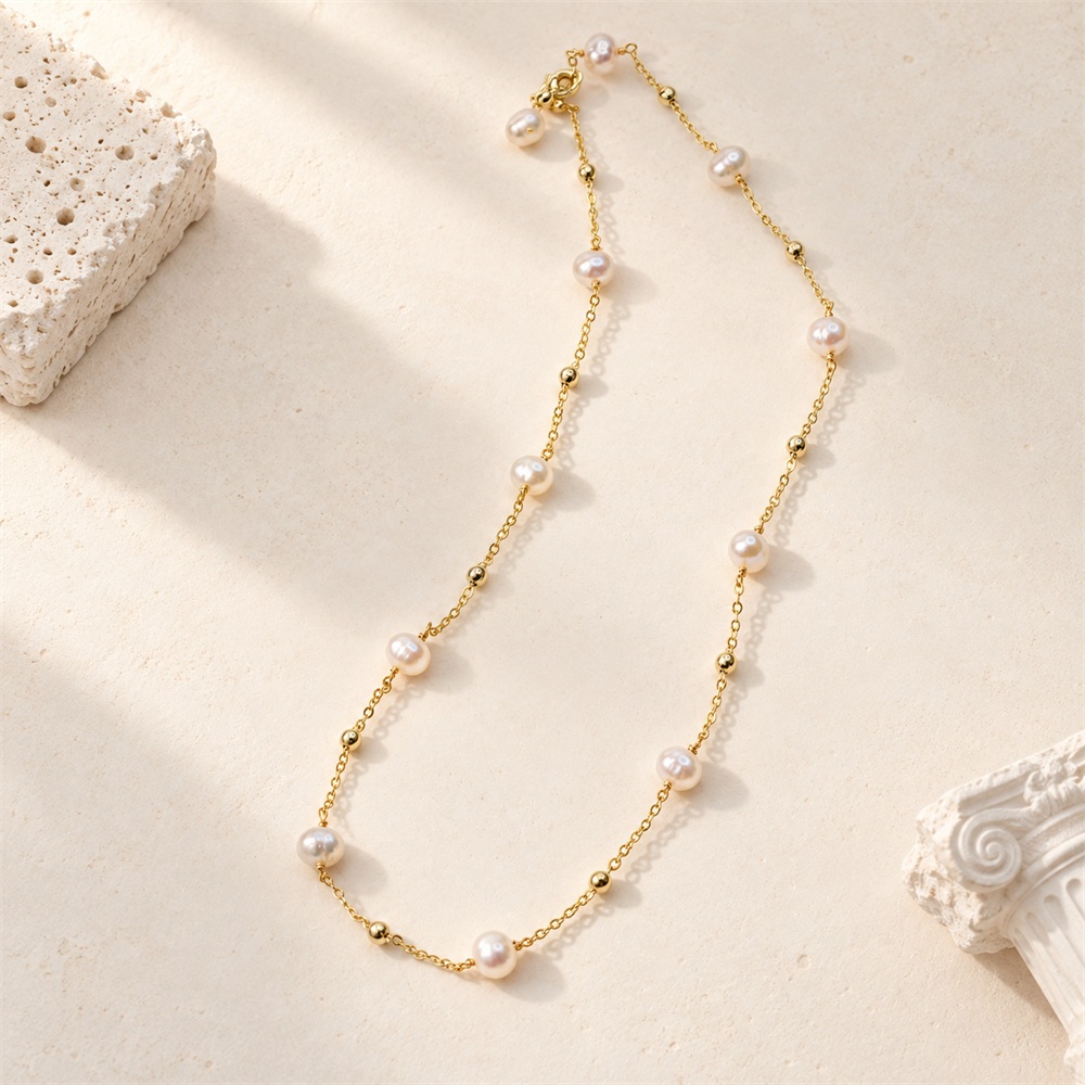 Floating Freshwater Pearl Gold Bead Station Necklace