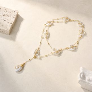 Wire-Wrapped Baroque Pearl Long Pendant Necklace