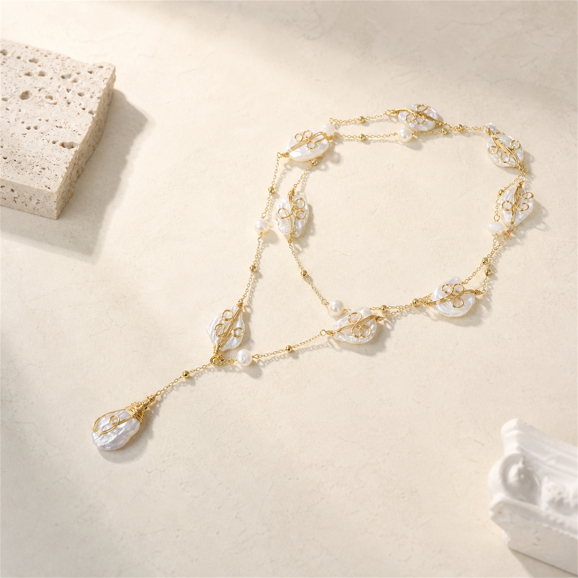 Wire-Wrapped Baroque Pearl Long Pendant Necklace