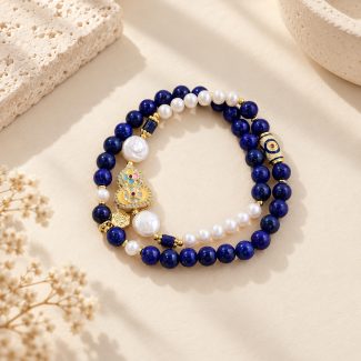 Layered Blue Bead Pearl Medallion Bracelet