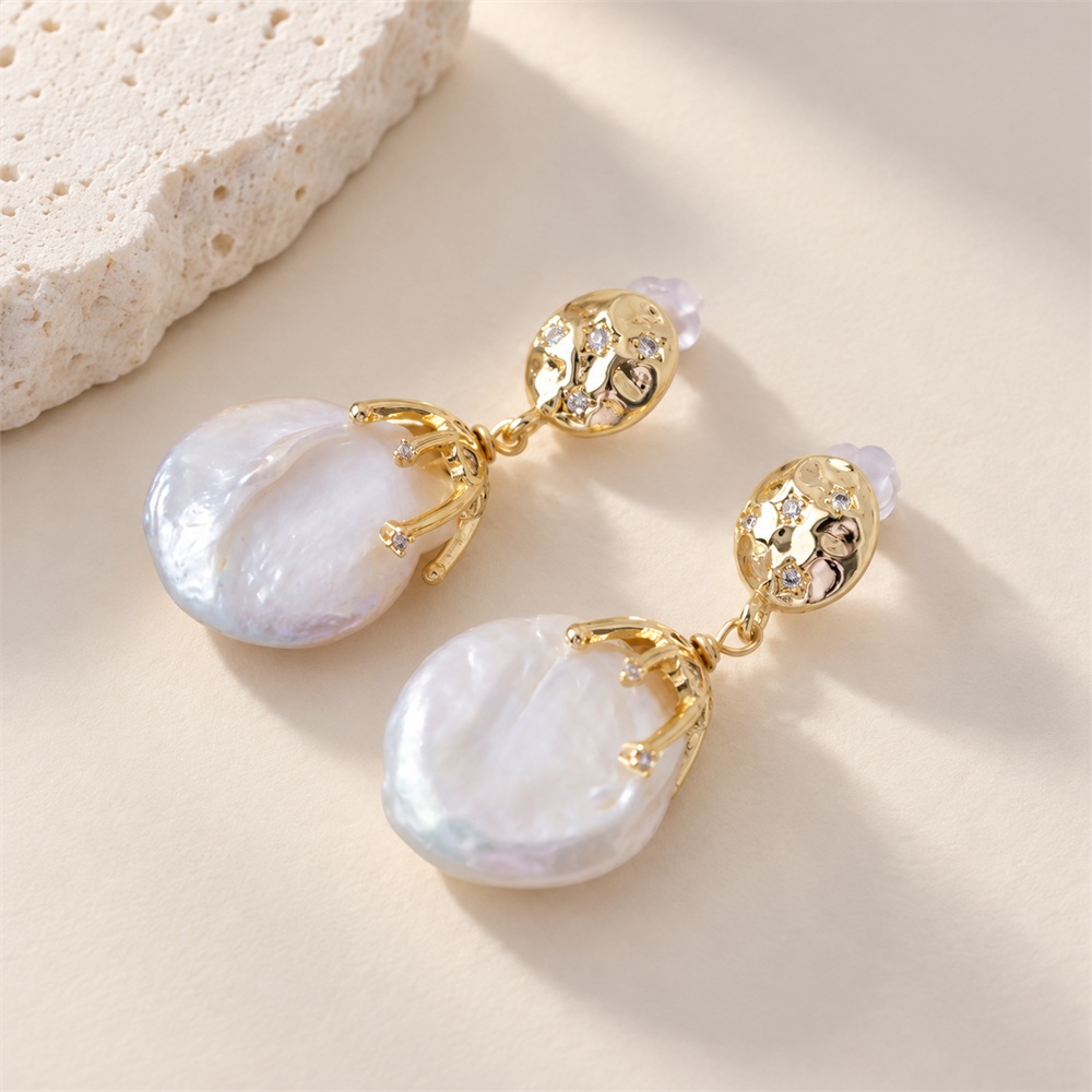 Hammered Disc Baroque Pearl Drop Earrings