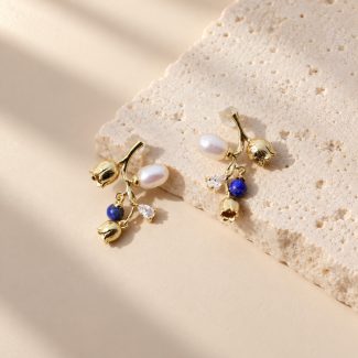 Lily-of-the-Valley Lapis Pearl Floral Stud Earrings