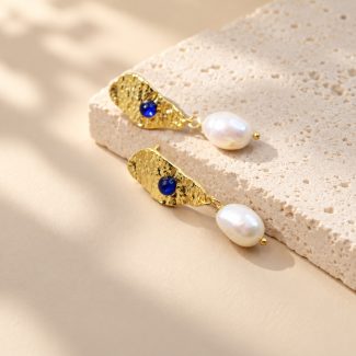 Hammered Lapis Freshwater Pearl Drop Earrings