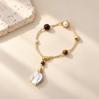 Tiger Eye Baroque Pearl Charm Bracelet